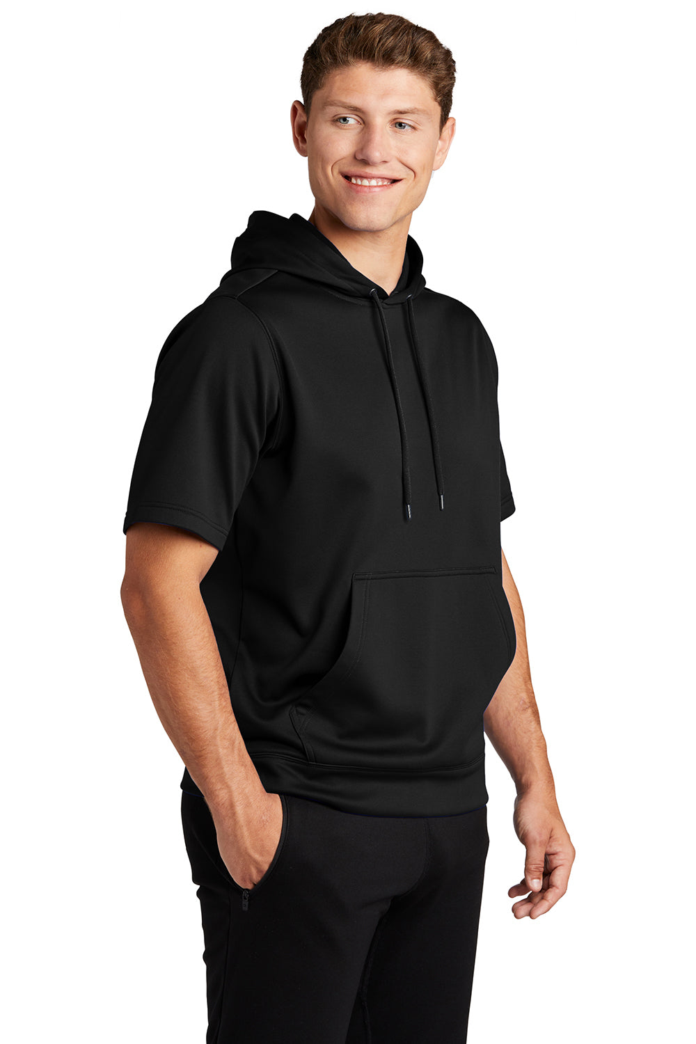 Sport-Tek ST251 Mens Moisture Wicking Fleece Short Sleeve Hooded Sweatshirt Hoodie Black Model 3q