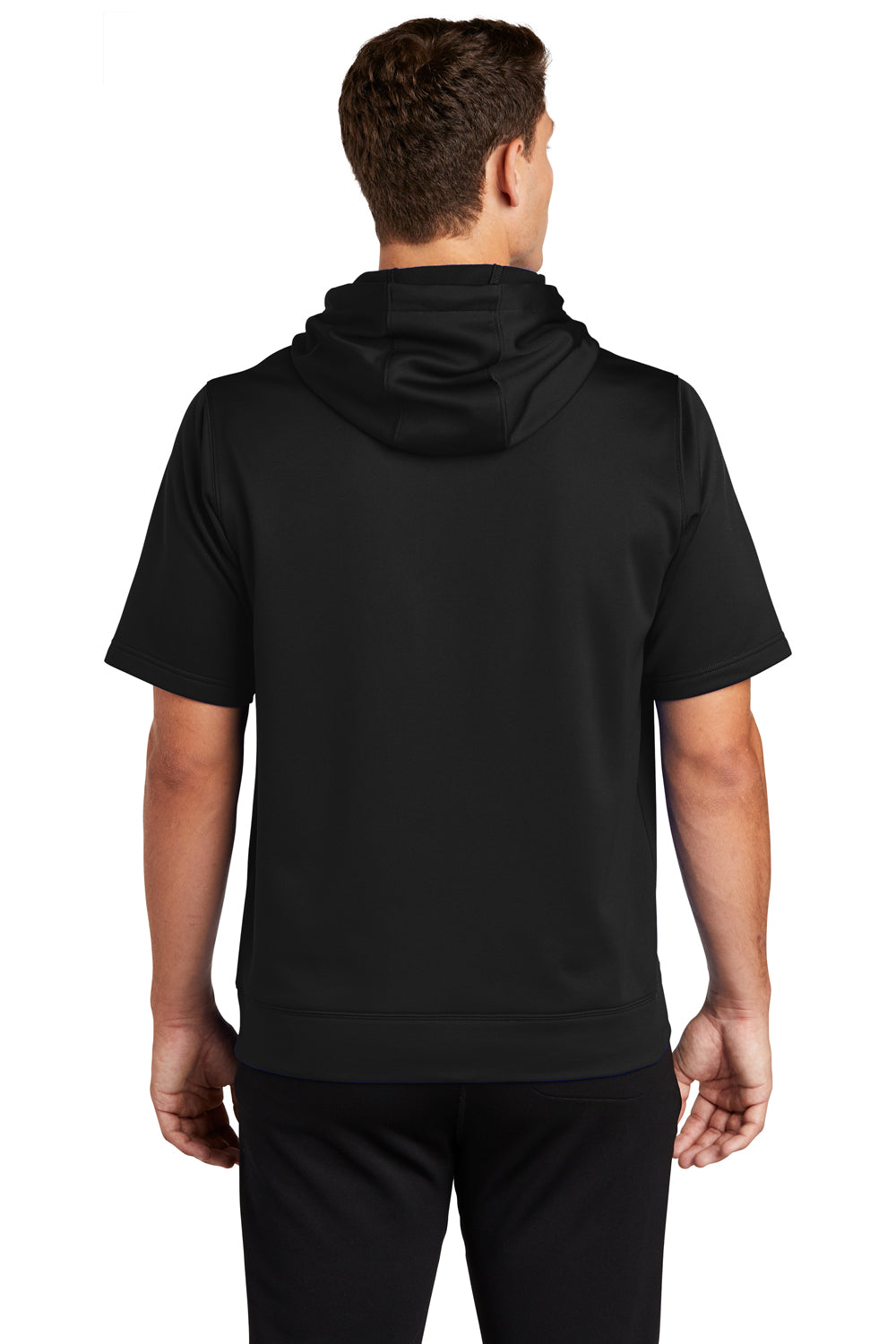 Sport-Tek ST251 Mens Moisture Wicking Fleece Short Sleeve Hooded Sweatshirt Hoodie Black Model Back