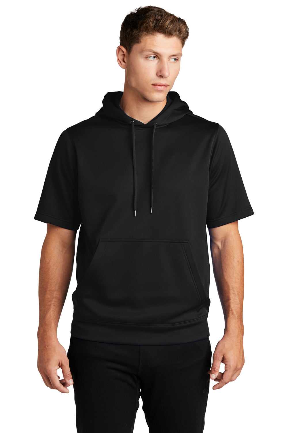 Sport-Tek ST251 Mens Moisture Wicking Fleece Short Sleeve Hooded Sweatshirt Hoodie Black Model Front