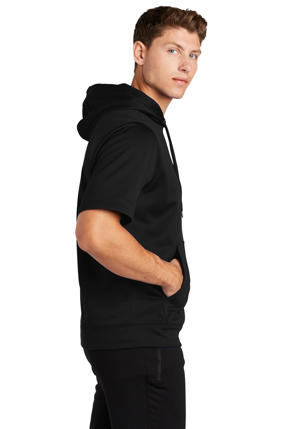 Sport-Tek ST251 Mens Moisture Wicking Fleece Short Sleeve Hooded Sweatshirt Hoodie Black Model Side