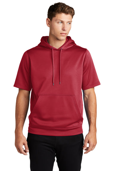 Sport-Tek ST251 Mens Moisture Wicking Fleece Short Sleeve Hooded Sweatshirt Hoodie Deep Red Model Front