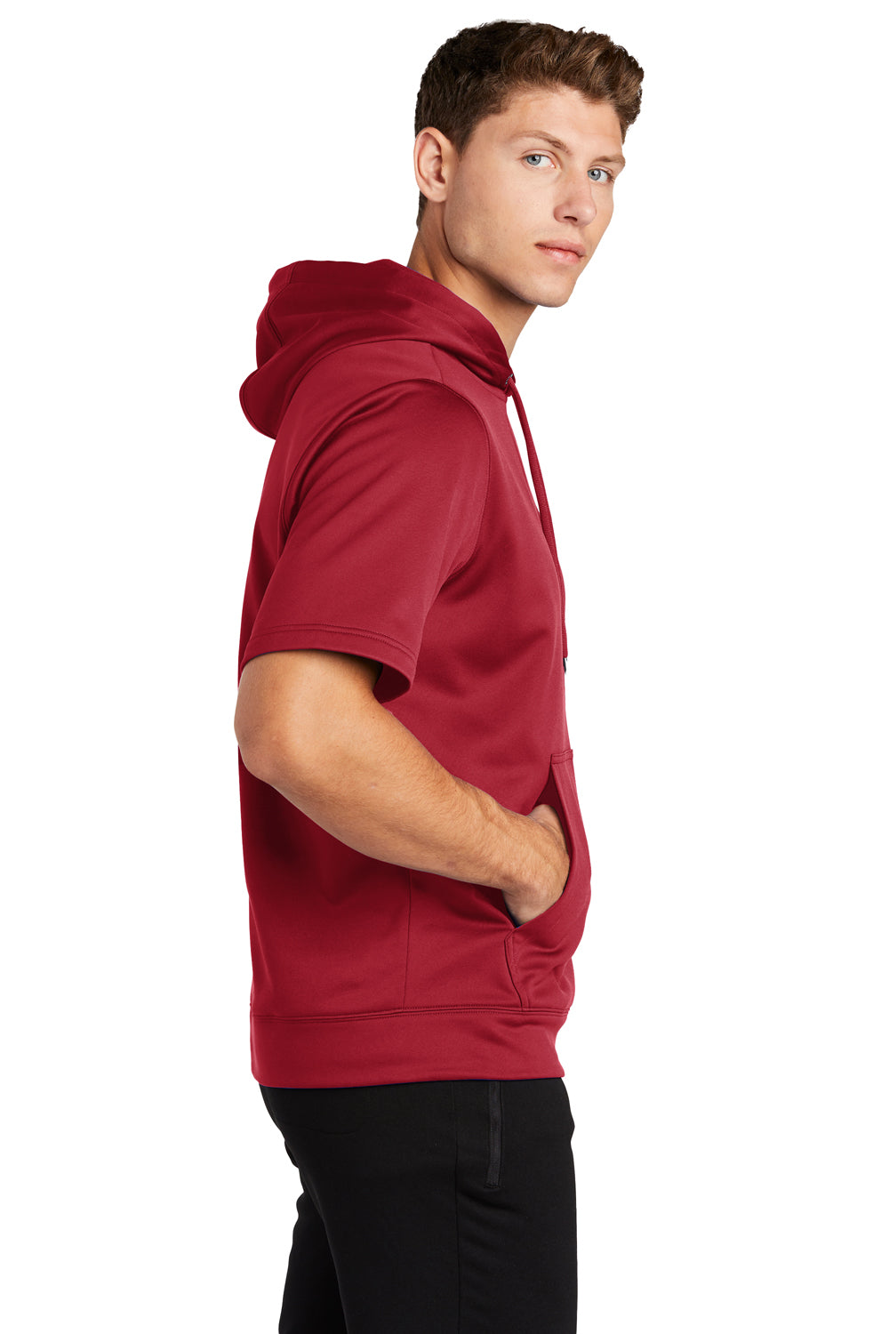 Sport-Tek ST251 Mens Moisture Wicking Fleece Short Sleeve Hooded Sweatshirt Hoodie Deep Red Model Side