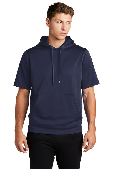 Sport-Tek ST251 Mens Moisture Wicking Fleece Short Sleeve Hooded Sweatshirt Hoodie Navy Blue Model Front