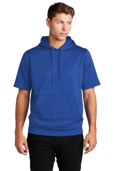 Sport-Tek ST251 Mens Moisture Wicking Fleece Short Sleeve Hooded Sweatshirt Hoodie True Royal Blue Model Front