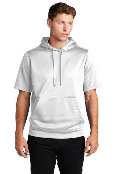 Sport-Tek ST251 Mens Moisture Wicking Fleece Short Sleeve Hooded Sweatshirt Hoodie White Model Front