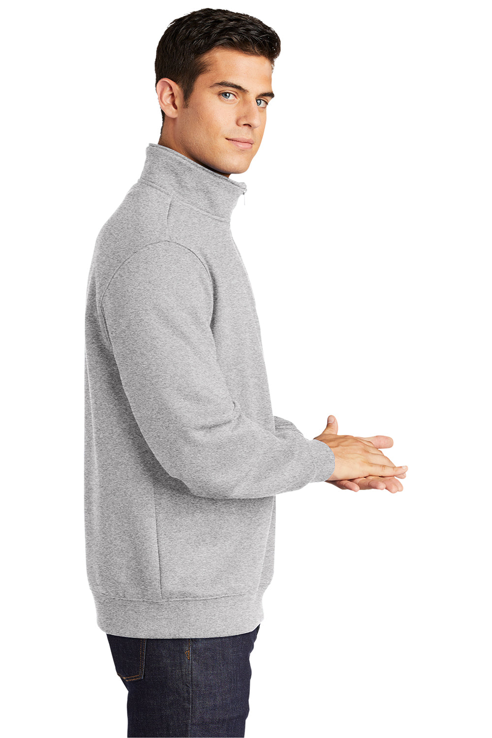 Sport-Tek ST253/TST253 Mens Shrink Resistant Fleece 1/4 Zip Sweatshirt Heather Grey Model Side