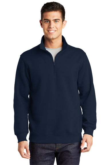 Sport-Tek ST253/TST253 Mens Shrink Resistant Fleece 1/4 Zip Sweatshirt True Navy Blue Model Front