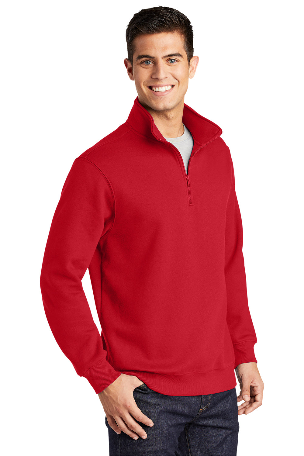 Sport-Tek ST253/TST253 Mens Shrink Resistant Fleece 1/4 Zip Sweatshirt True Red Model 3q