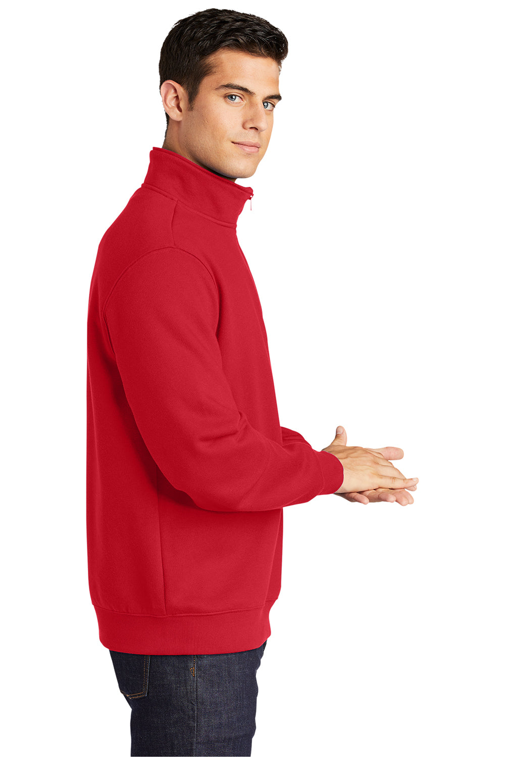 Sport-Tek ST253/TST253 Mens Shrink Resistant Fleece 1/4 Zip Sweatshirt True Red Model Side