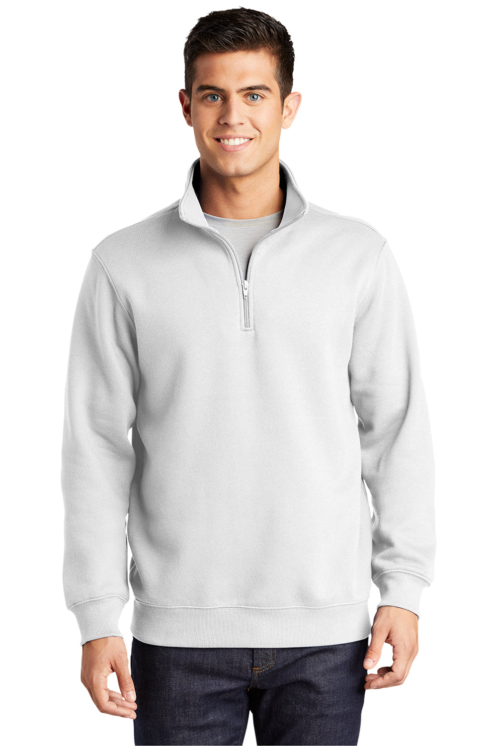 Sport-Tek ST253/TST253 Mens Shrink Resistant Fleece 1/4 Zip Sweatshirt White Model Front