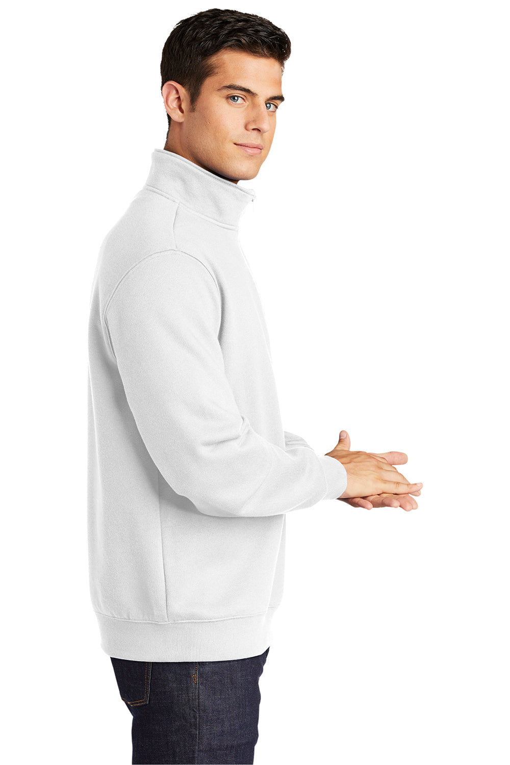 Sport-Tek ST253/TST253 Mens Shrink Resistant Fleece 1/4 Zip Sweatshirt White Model Side