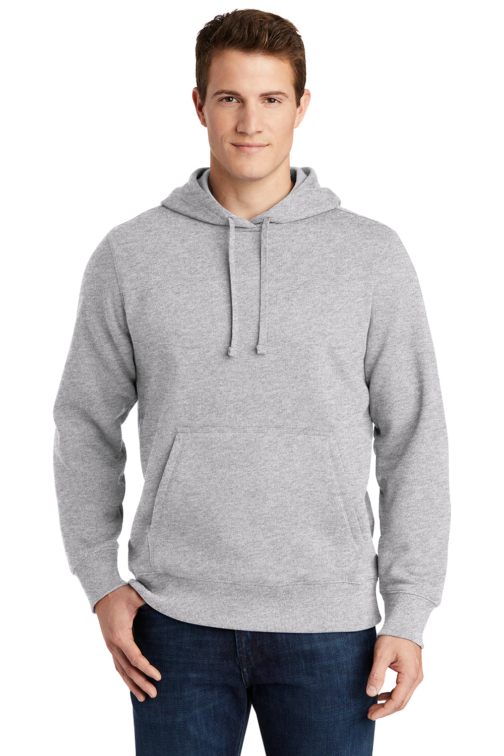 Sport-Tek ST254/TST254 Mens Shrink Resistant Fleece Hooded Sweatshirt Hoodie Heather Grey Model Front