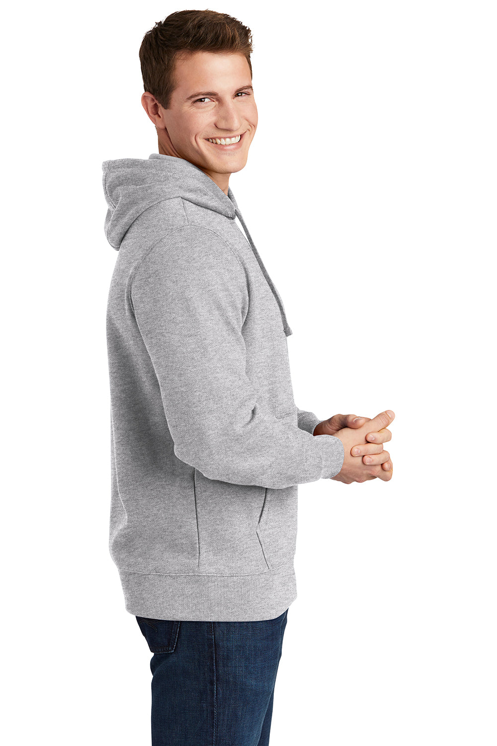 Sport-Tek ST254/TST254 Mens Shrink Resistant Fleece Hooded Sweatshirt Hoodie Heather Grey Model Side