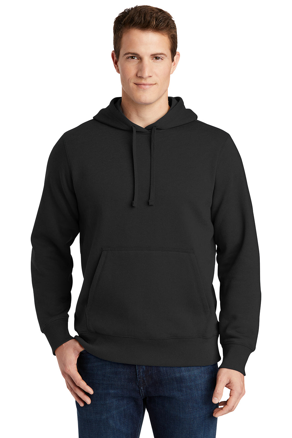 Sport-Tek ST254/TST254 Mens Shrink Resistant Fleece Hooded Sweatshirt Hoodie Black Model Front