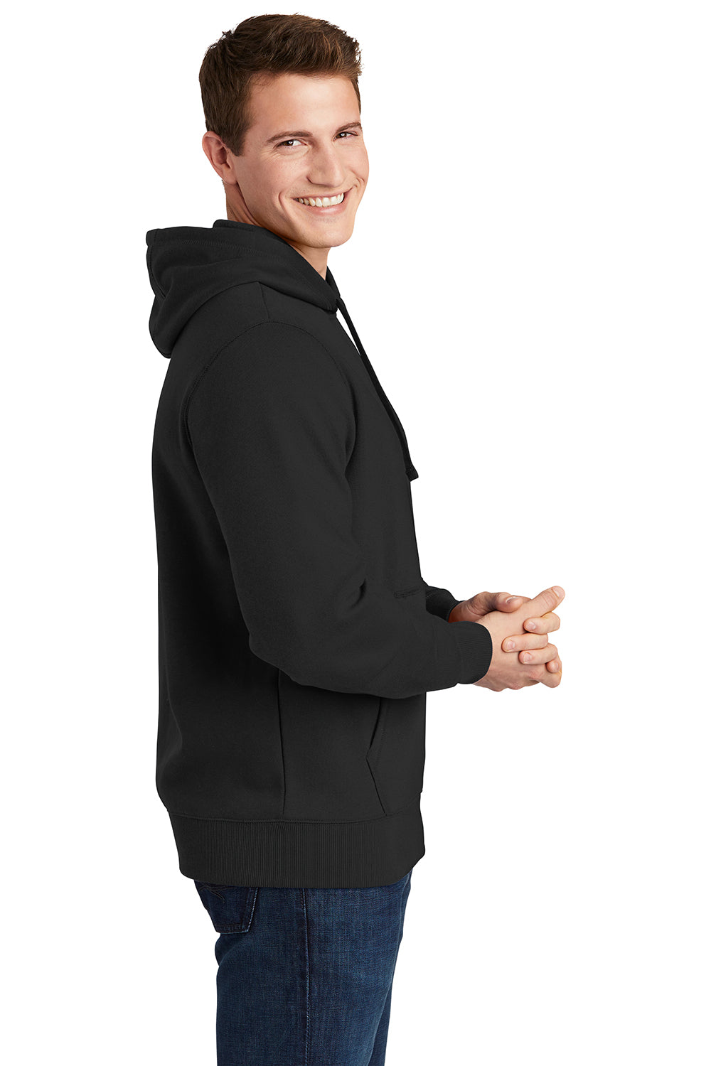 Sport-Tek ST254/TST254 Mens Shrink Resistant Fleece Hooded Sweatshirt Hoodie Black Model Side