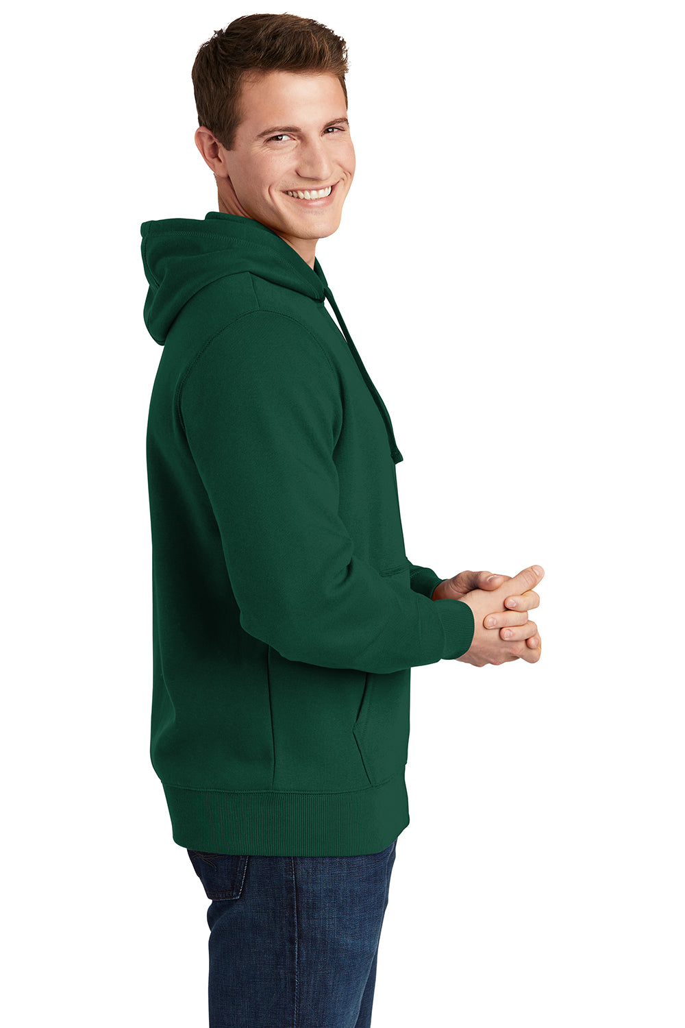 Sport-Tek ST254/TST254 Mens Shrink Resistant Fleece Hooded Sweatshirt Hoodie Forest Green Model Side