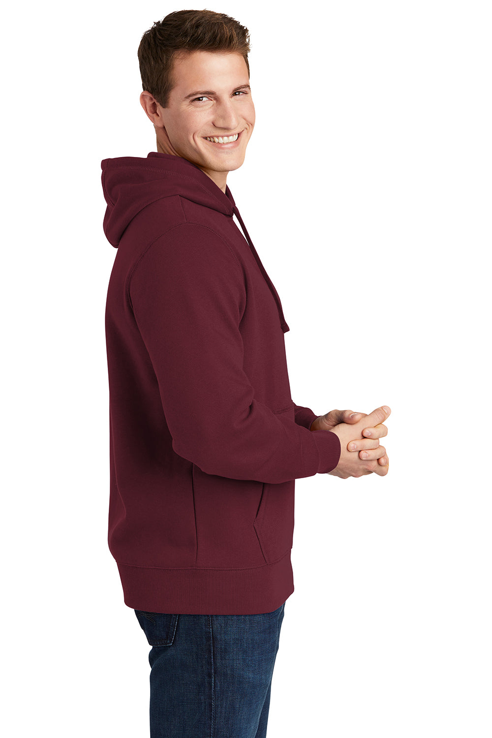 Sport-Tek ST254/TST254 Mens Shrink Resistant Fleece Hooded Sweatshirt Hoodie Maroon Model Side