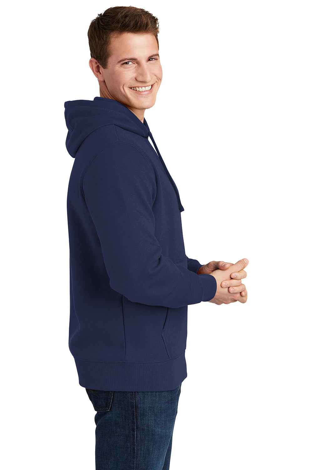 Sport-Tek ST254/TST254 Mens Shrink Resistant Fleece Hooded Sweatshirt Hoodie True Navy Blue Model Side