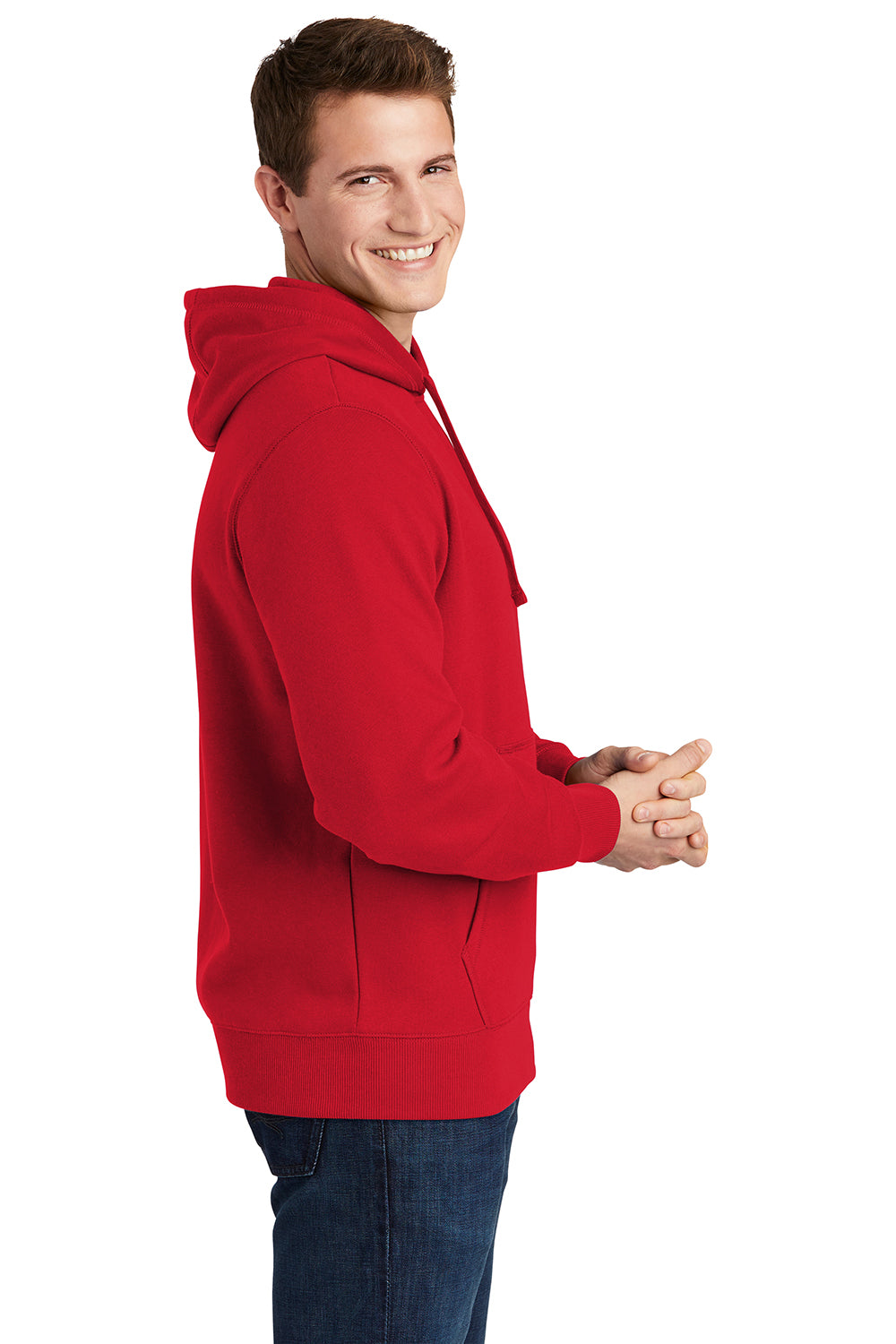 Sport-Tek ST254/TST254 Mens Shrink Resistant Fleece Hooded Sweatshirt Hoodie True Red Model Side