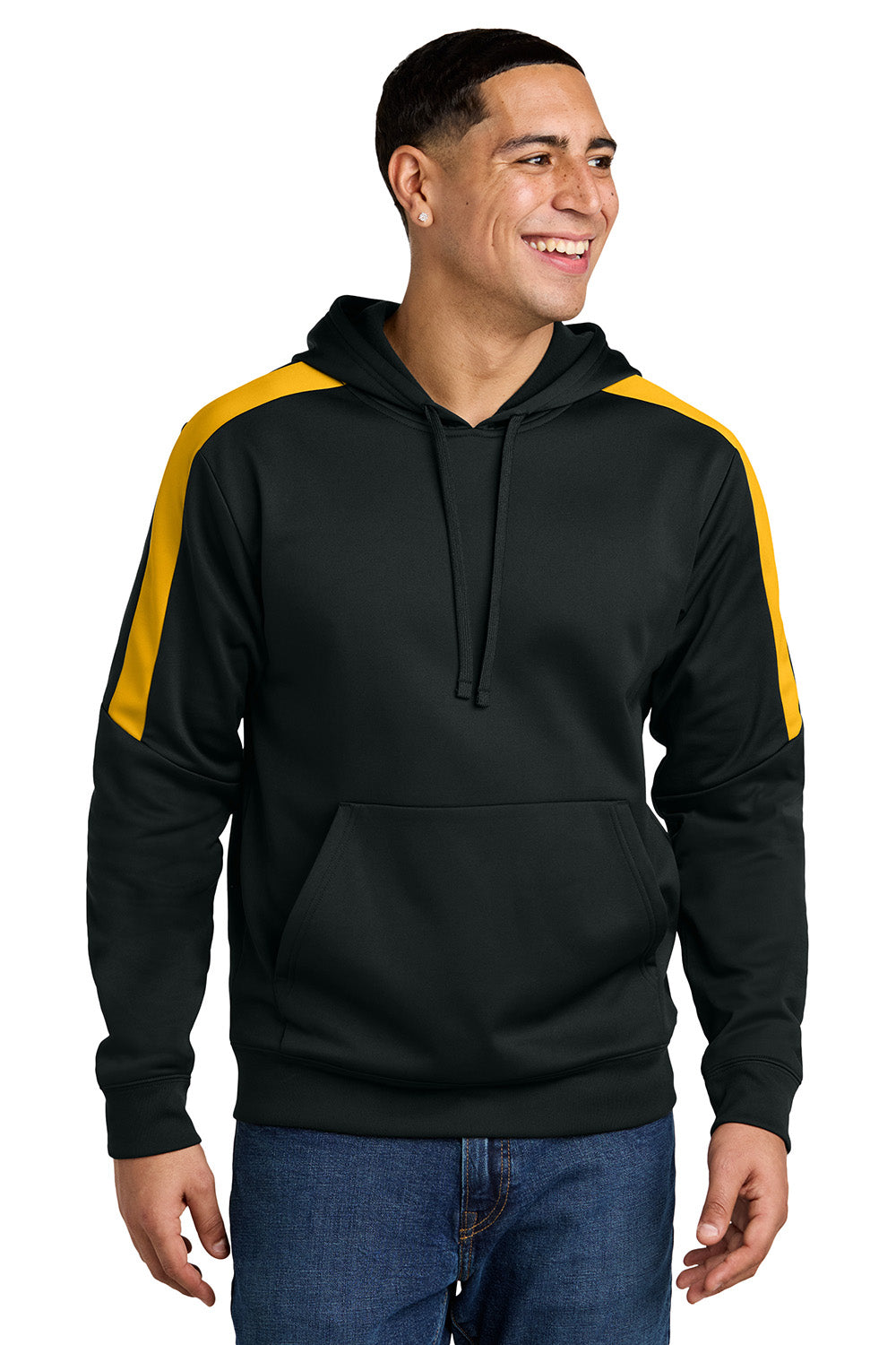 Sport-Tek ST255 Mens Sport-Wick United Fleece Hooded Sweatshirt Hoodie Black/Gold Model Front