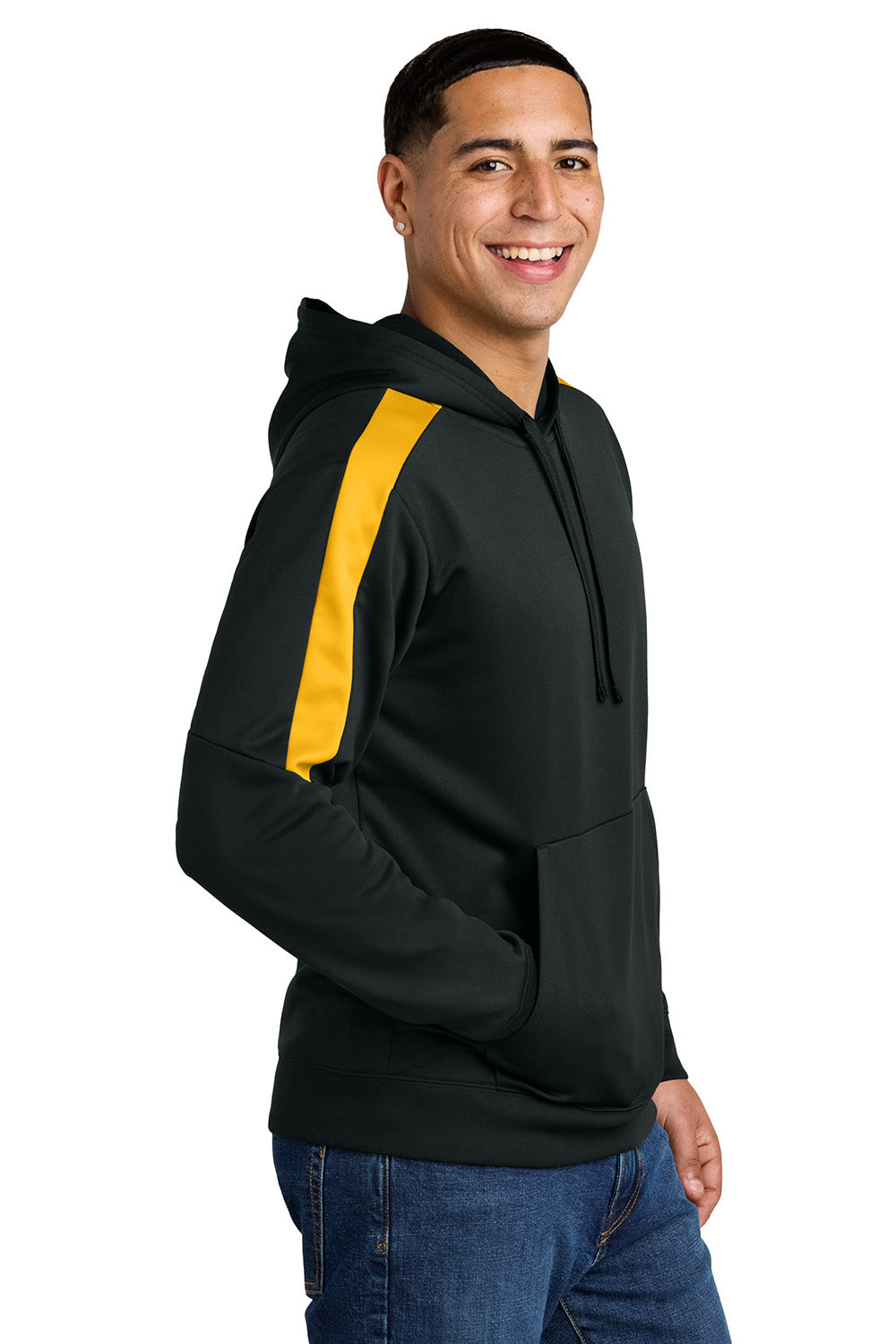 Sport-Tek ST255 Mens Sport-Wick United Fleece Hooded Sweatshirt Hoodie Black/Gold Model Side