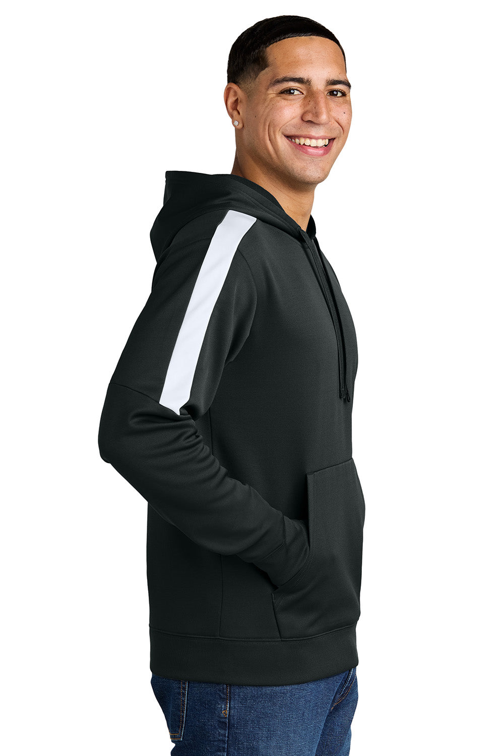 Sport-Tek ST255 Mens Sport-Wick United Fleece Hooded Sweatshirt Hoodie Black/White Model Side