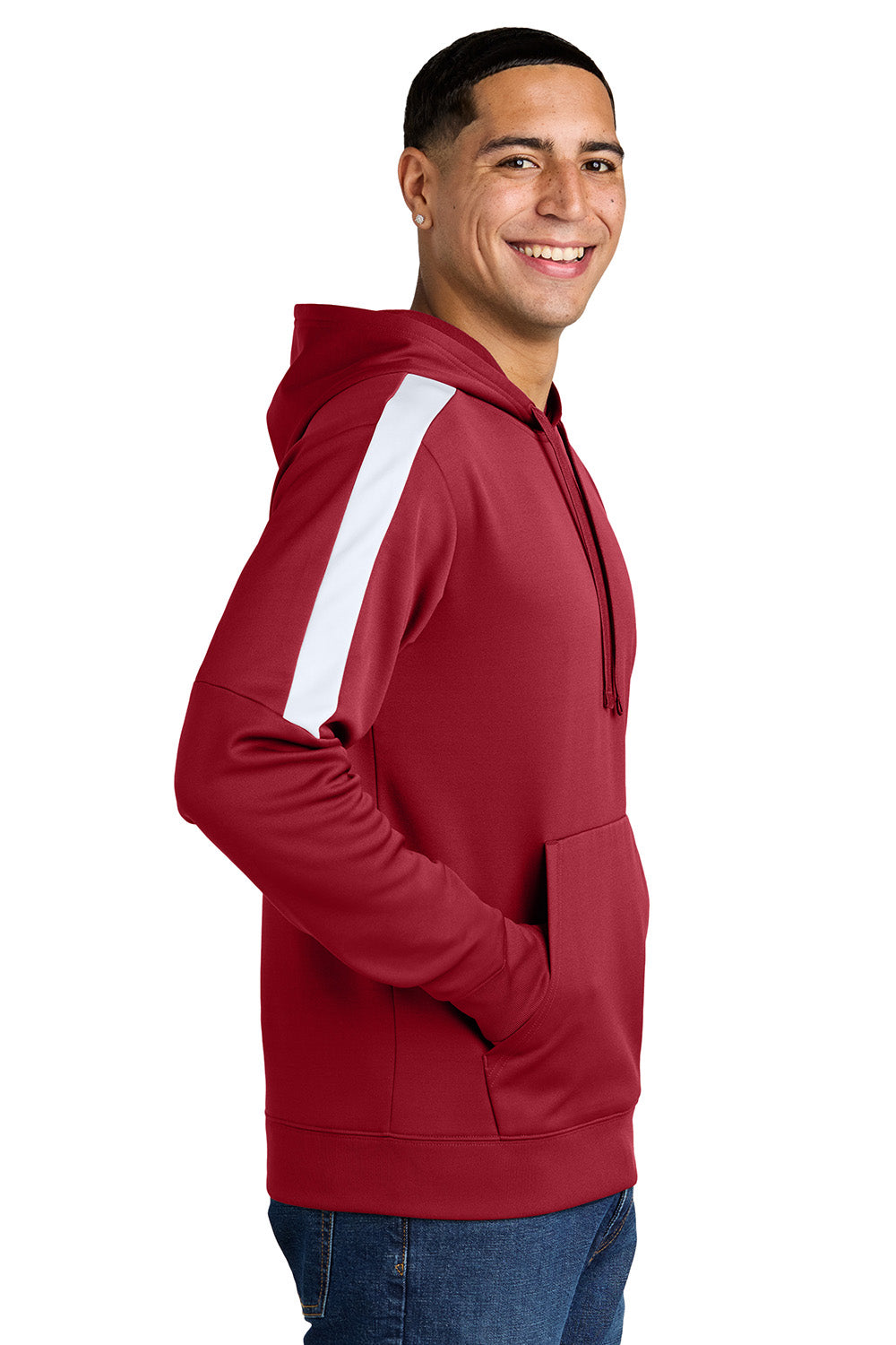 Sport-Tek ST255 Mens Sport-Wick United Fleece Hooded Sweatshirt Hoodie Deep Red/White Model Side