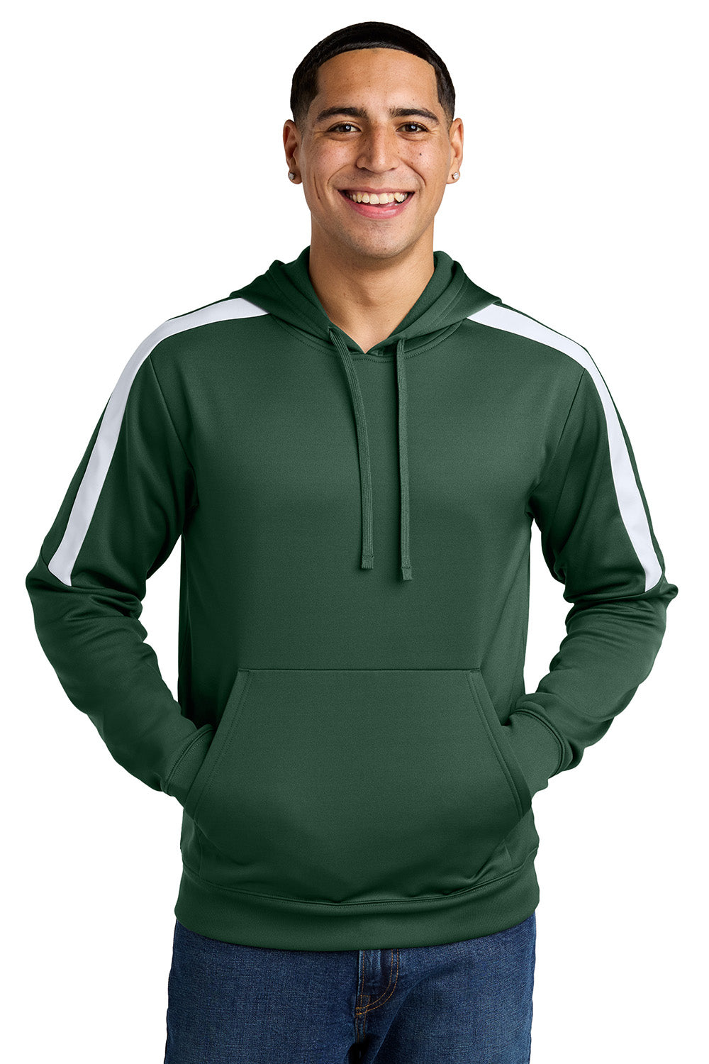 Sport-Tek ST255 Mens Sport-Wick United Fleece Hooded Sweatshirt Hoodie Forest Green/White Model Front