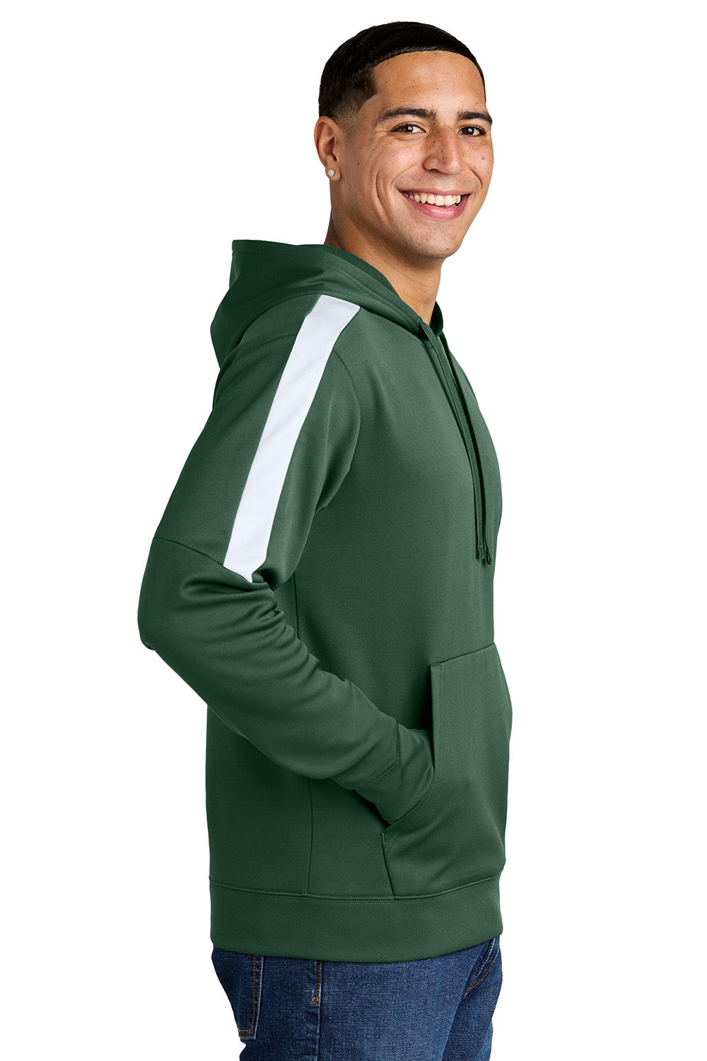 Sport-Tek ST255 Mens Sport-Wick United Fleece Hooded Sweatshirt Hoodie Forest Green/White Model Side