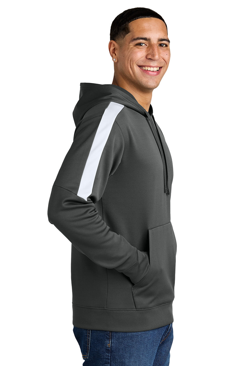 Sport-Tek ST255 Mens Sport-Wick United Fleece Hooded Sweatshirt Hoodie Iron Grey/White Model Side