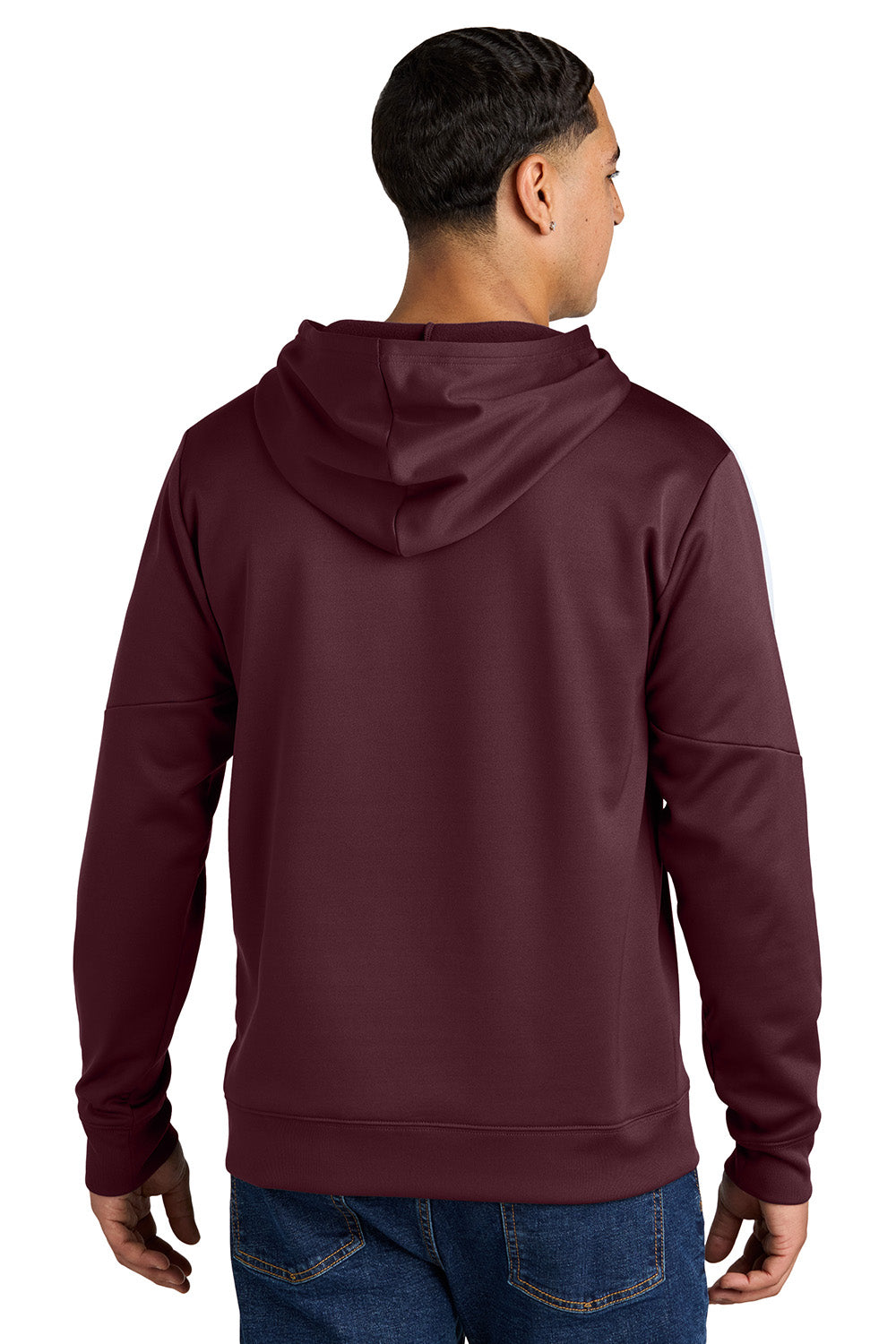 Sport-Tek ST255 Mens Sport-Wick United Fleece Hooded Sweatshirt Hoodie Maroon/White Model Back