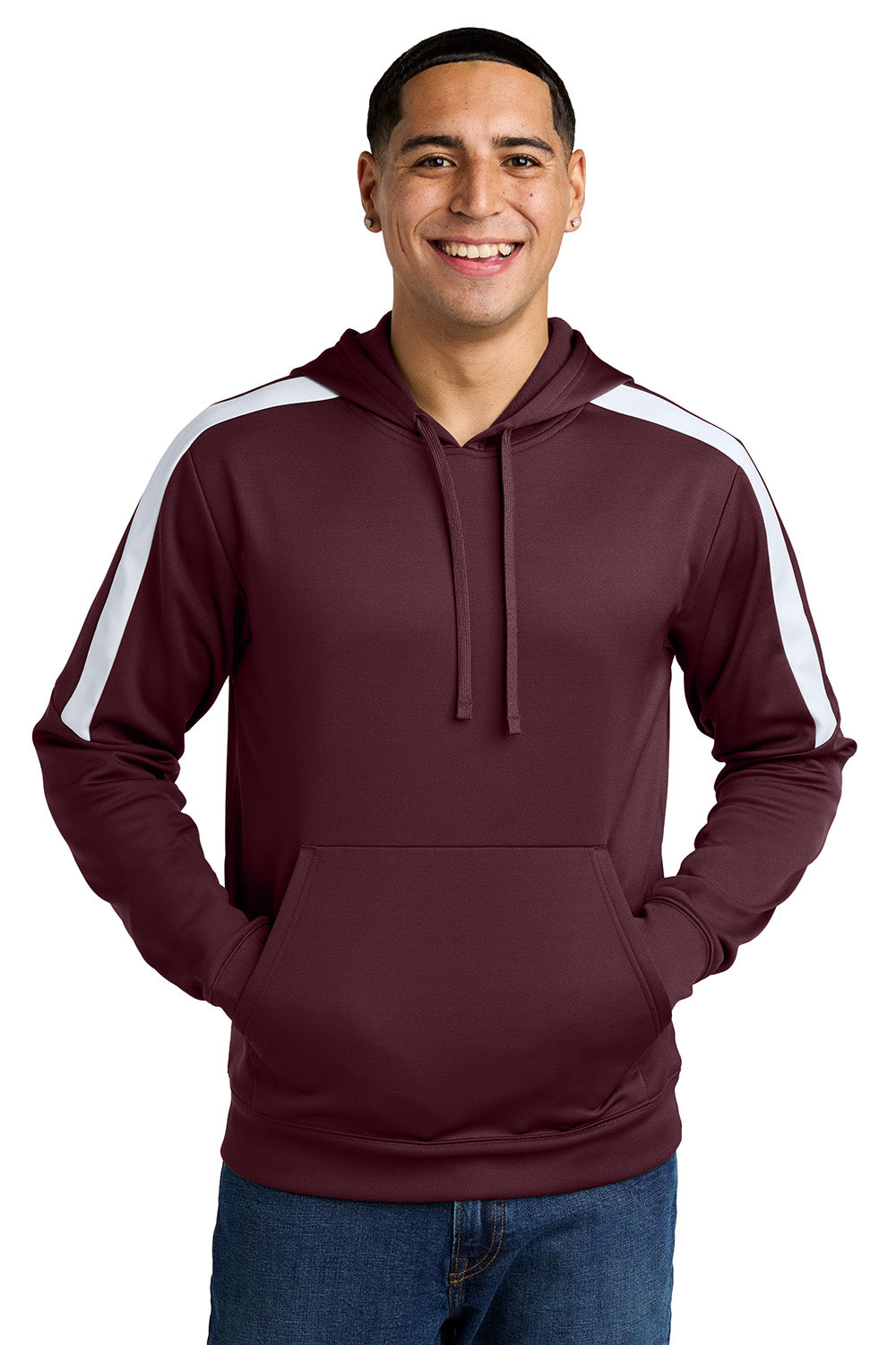 Sport-Tek ST255 Mens Sport-Wick United Fleece Hooded Sweatshirt Hoodie Maroon/White Model Front