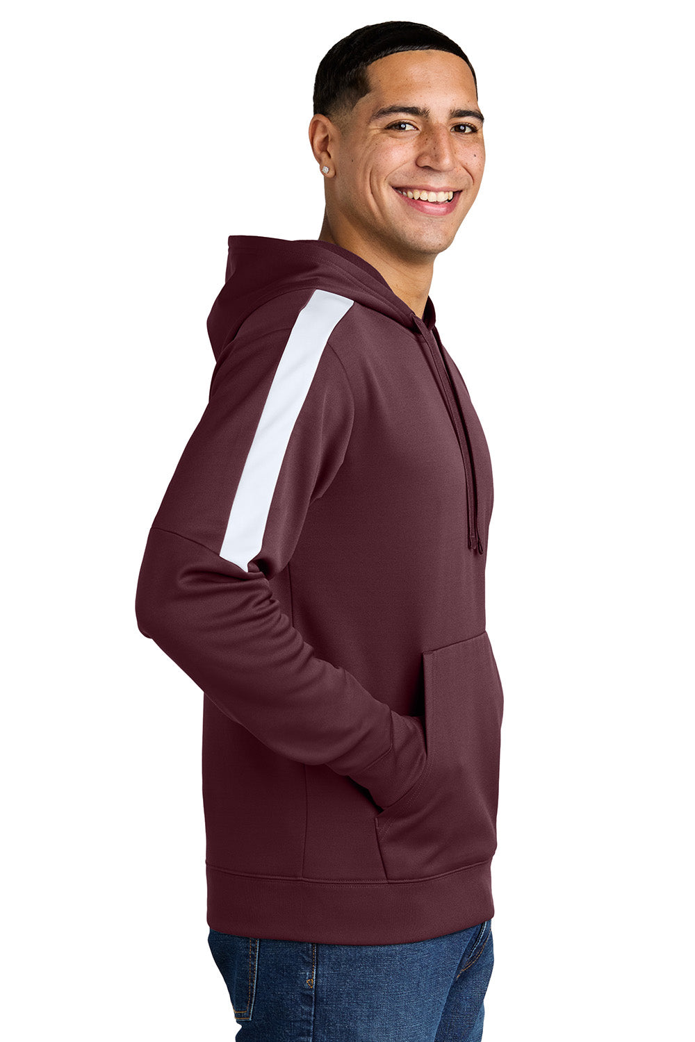 Sport-Tek ST255 Mens Sport-Wick United Fleece Hooded Sweatshirt Hoodie Maroon/White Model Side