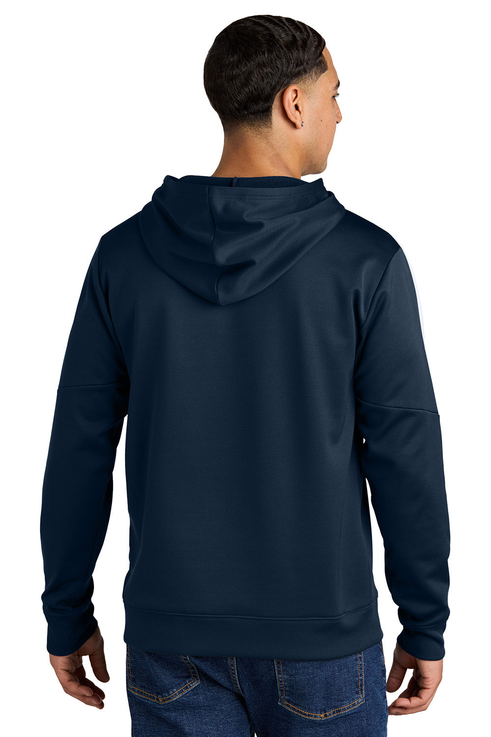 Sport-Tek ST255 Mens Sport-Wick United Fleece Hooded Sweatshirt Hoodie Navy Blue/White Model Back