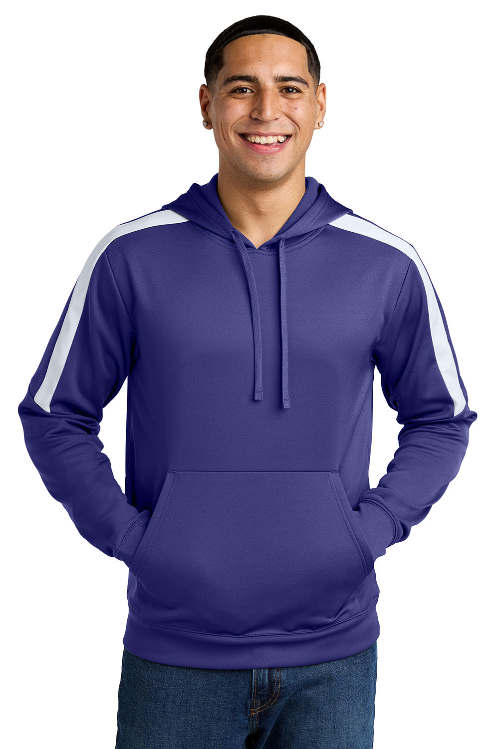 Sport-Tek ST255 Mens Sport-Wick United Fleece Hooded Sweatshirt Hoodie Purple/White Model Front