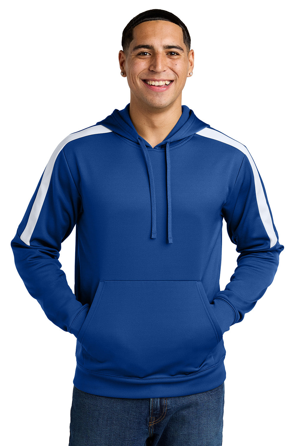 Sport-Tek ST255 Mens Sport-Wick United Fleece Hooded Sweatshirt Hoodie True Royal Blue/White Model Front