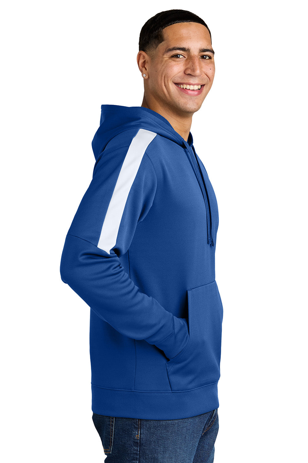 Sport-Tek ST255 Mens Sport-Wick United Fleece Hooded Sweatshirt Hoodie True Royal Blue/White Model Side