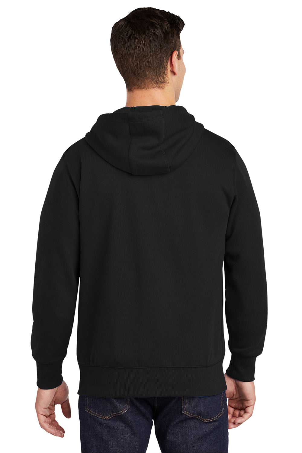 Sport-Tek ST258 Mens Fleece Full Zip Hooded Sweatshirt Hoodie Black Model Back