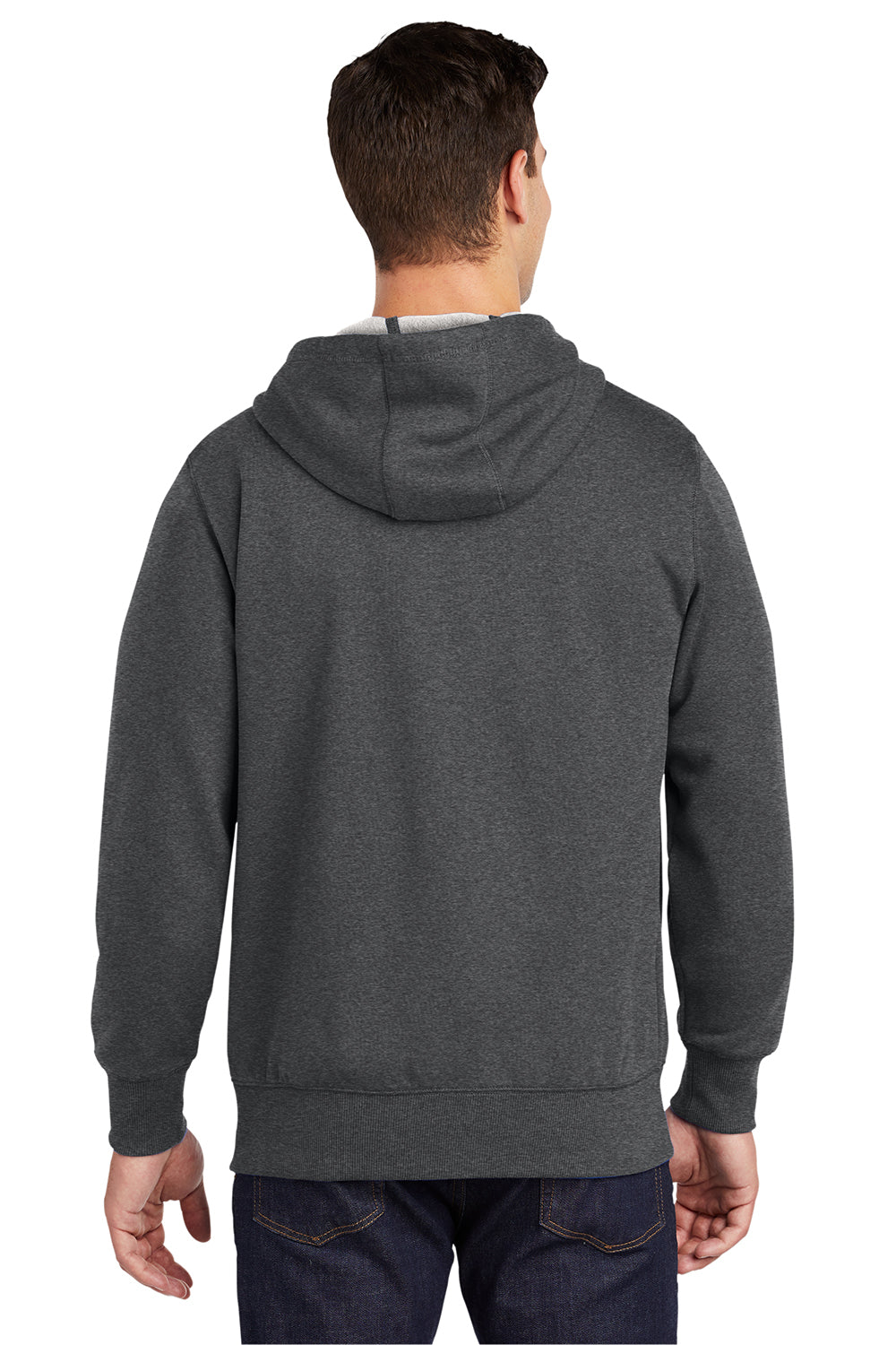 Sport-Tek ST258 Mens Fleece Full Zip Hooded Sweatshirt Hoodie Heather Graphite Grey Model Back