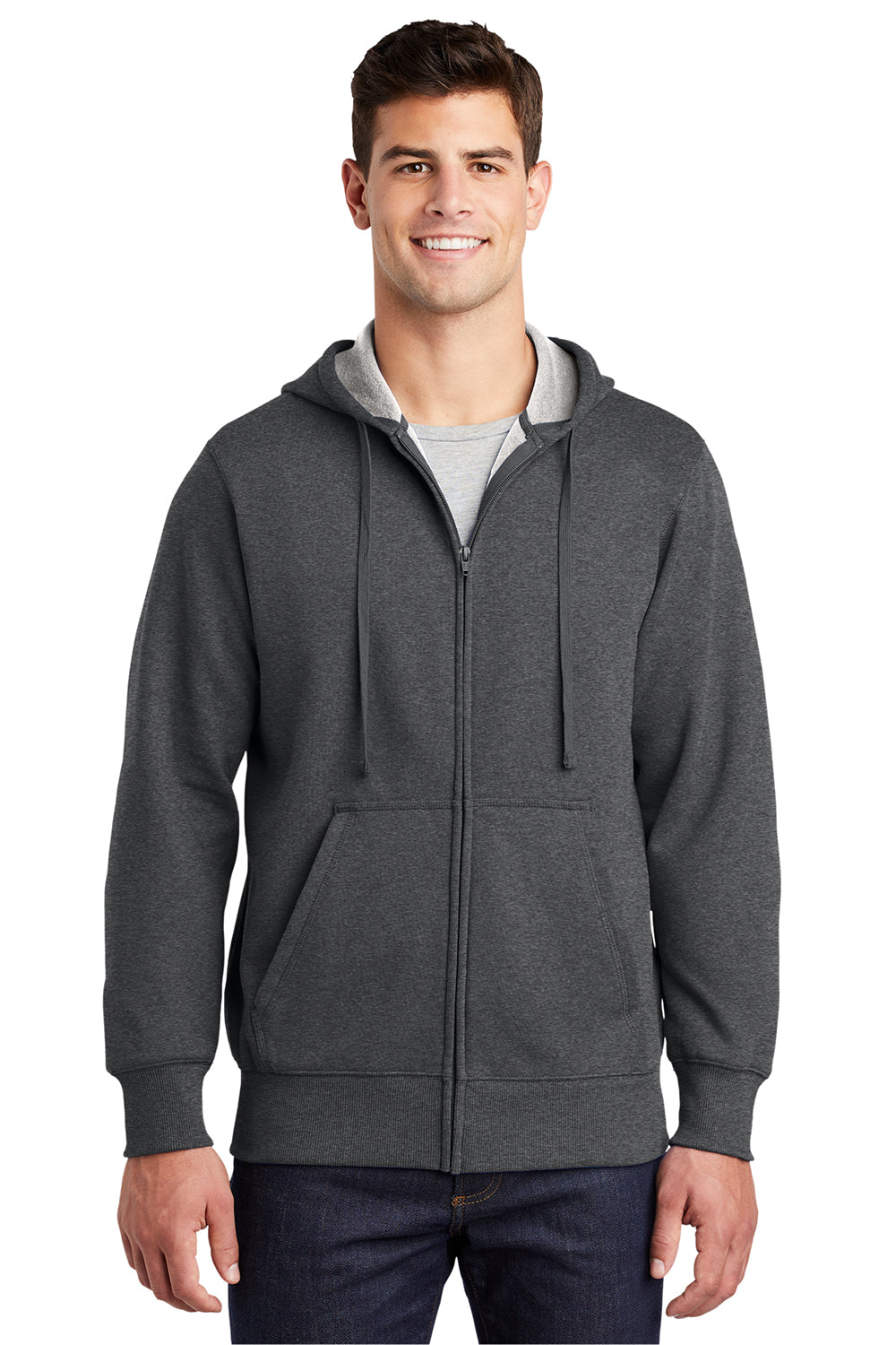 Sport-Tek ST258 Mens Fleece Full Zip Hooded Sweatshirt Hoodie Heather Graphite Grey Model Front