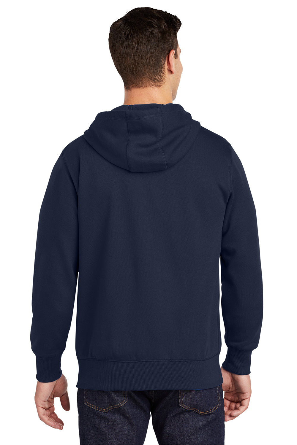 Sport-Tek ST258 Mens Fleece Full Zip Hooded Sweatshirt Hoodie True Navy Blue Model Back