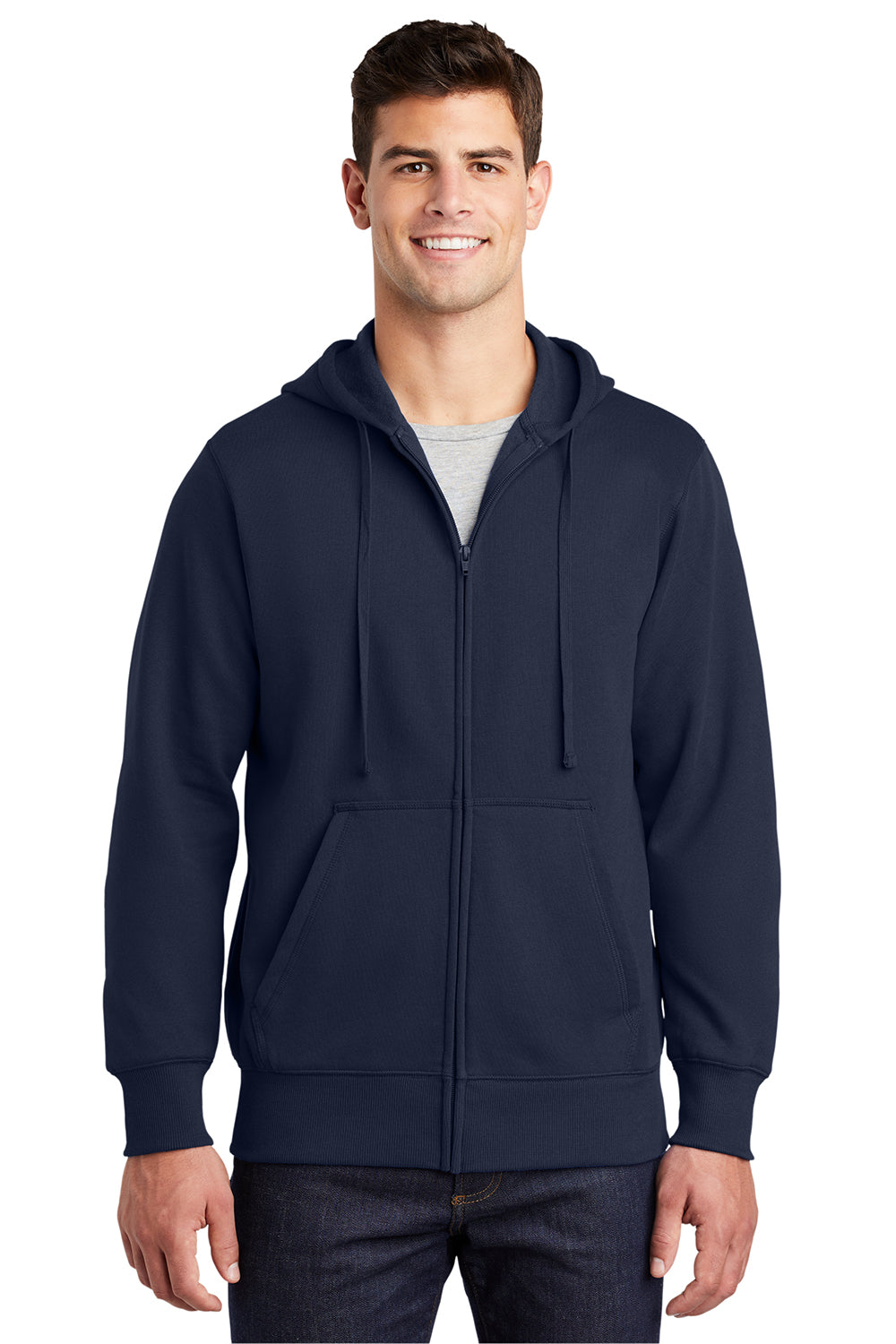 Sport-Tek ST258 Mens Fleece Full Zip Hooded Sweatshirt Hoodie True Navy Blue Model Front