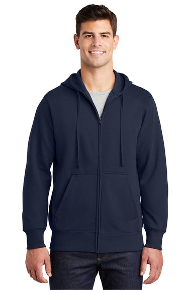 Sport-Tek ST258 Mens Fleece Full Zip Hooded Sweatshirt Hoodie True Navy Blue Model Front