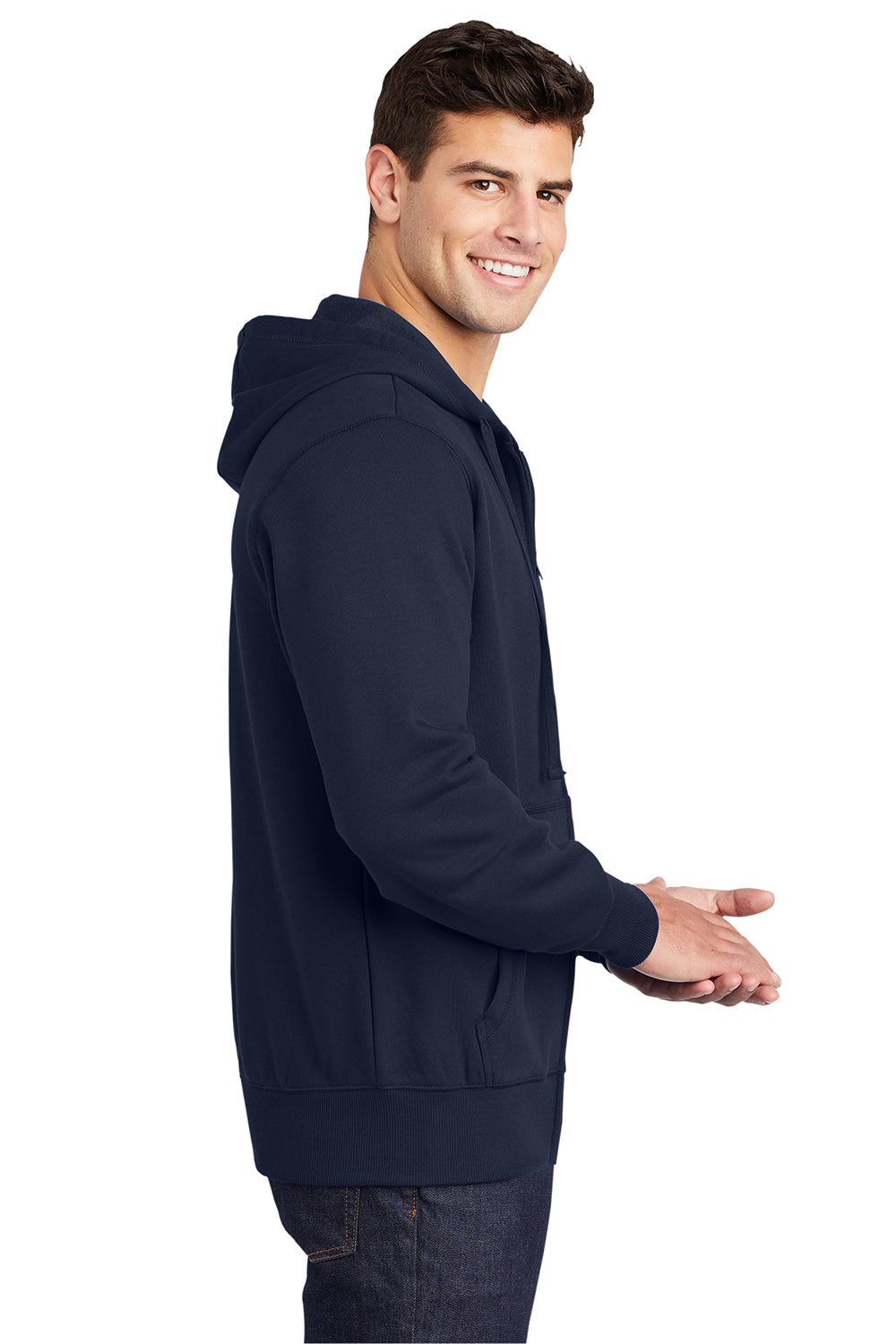 Sport-Tek ST258 Mens Fleece Full Zip Hooded Sweatshirt Hoodie True Navy Blue Model Side