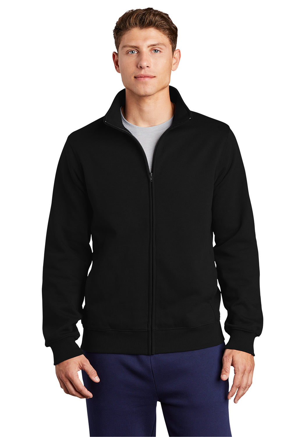 Sport-Tek ST259 Mens Shrink Resistant Fleece Full Zip Sweatshirt Black Model Front