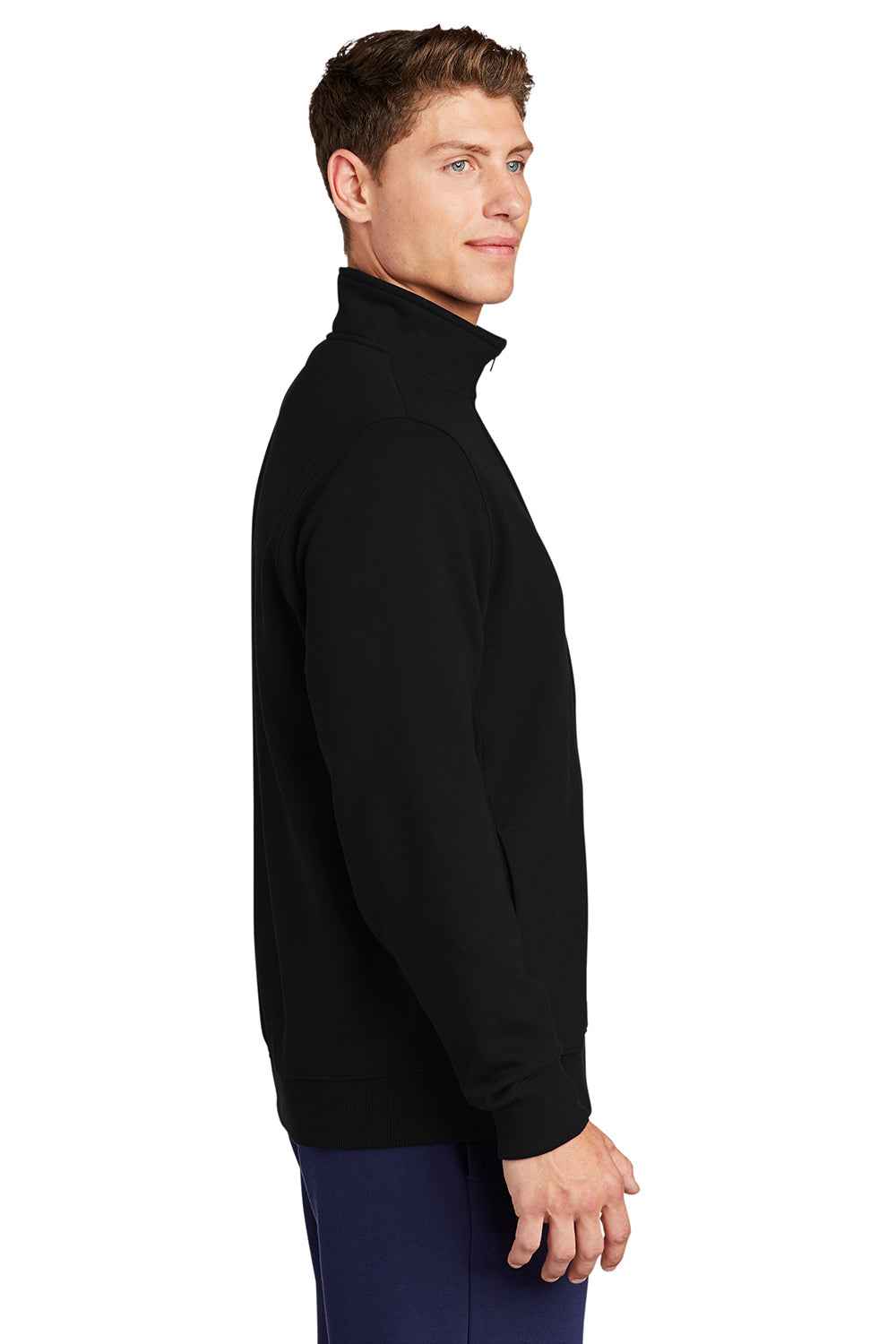 Sport-Tek ST259 Mens Shrink Resistant Fleece Full Zip Sweatshirt Black Model Side