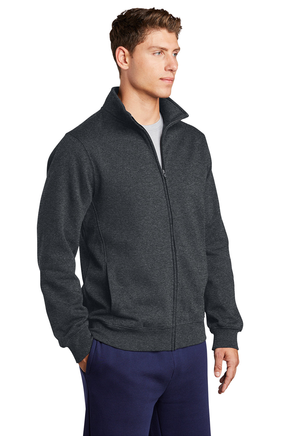 Sport-Tek ST259 Mens Shrink Resistant Fleece Full Zip Sweatshirt Heather Graphite Grey Model 3q