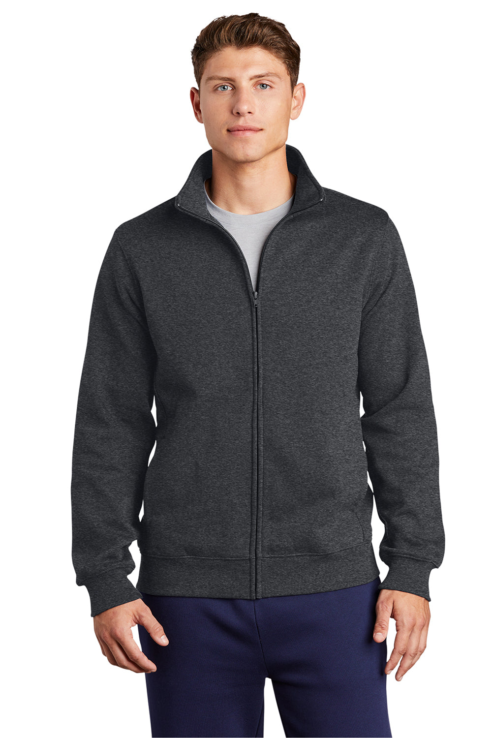 Sport-Tek ST259 Mens Shrink Resistant Fleece Full Zip Sweatshirt Heather Graphite Grey Model Front