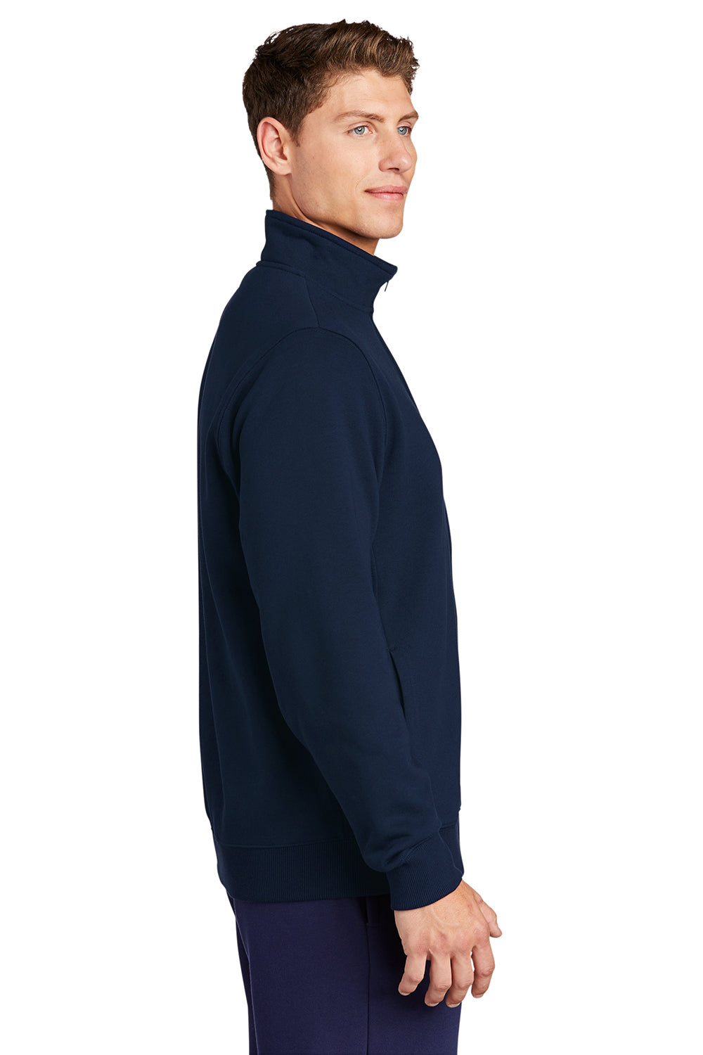 Sport-Tek ST259 Mens Shrink Resistant Fleece Full Zip Sweatshirt True Navy Blue Model Side