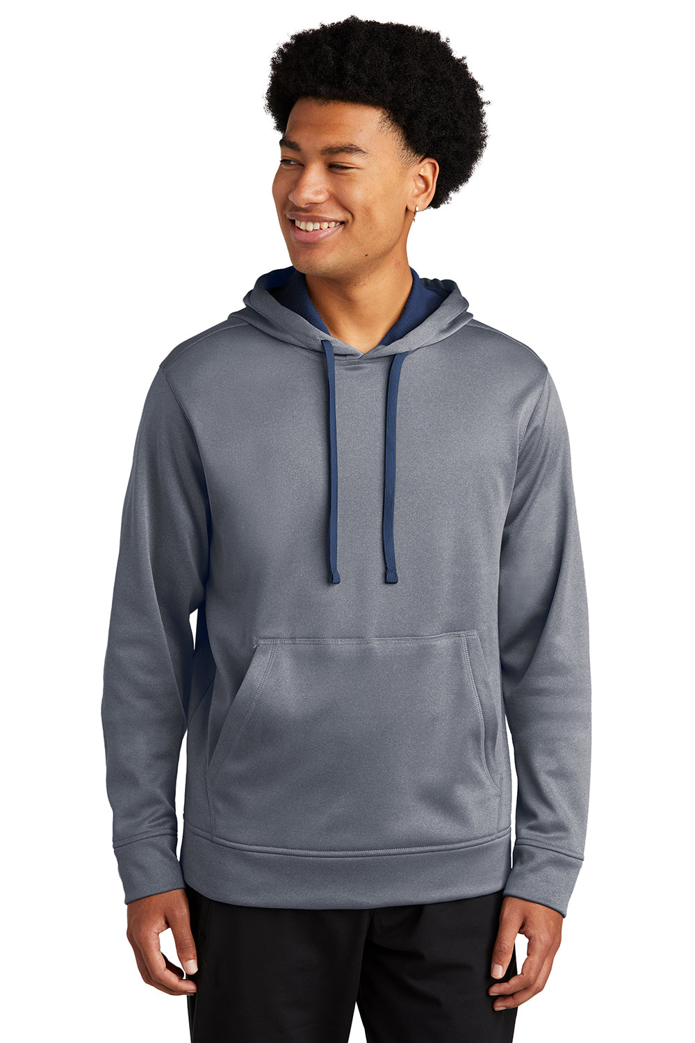 Sport-Tek ST264 Mens Heather Sport-Wick Moisture Wicking Fleece Hooded Sweatshirt Hoodie Heather True Navy Blue Model Front